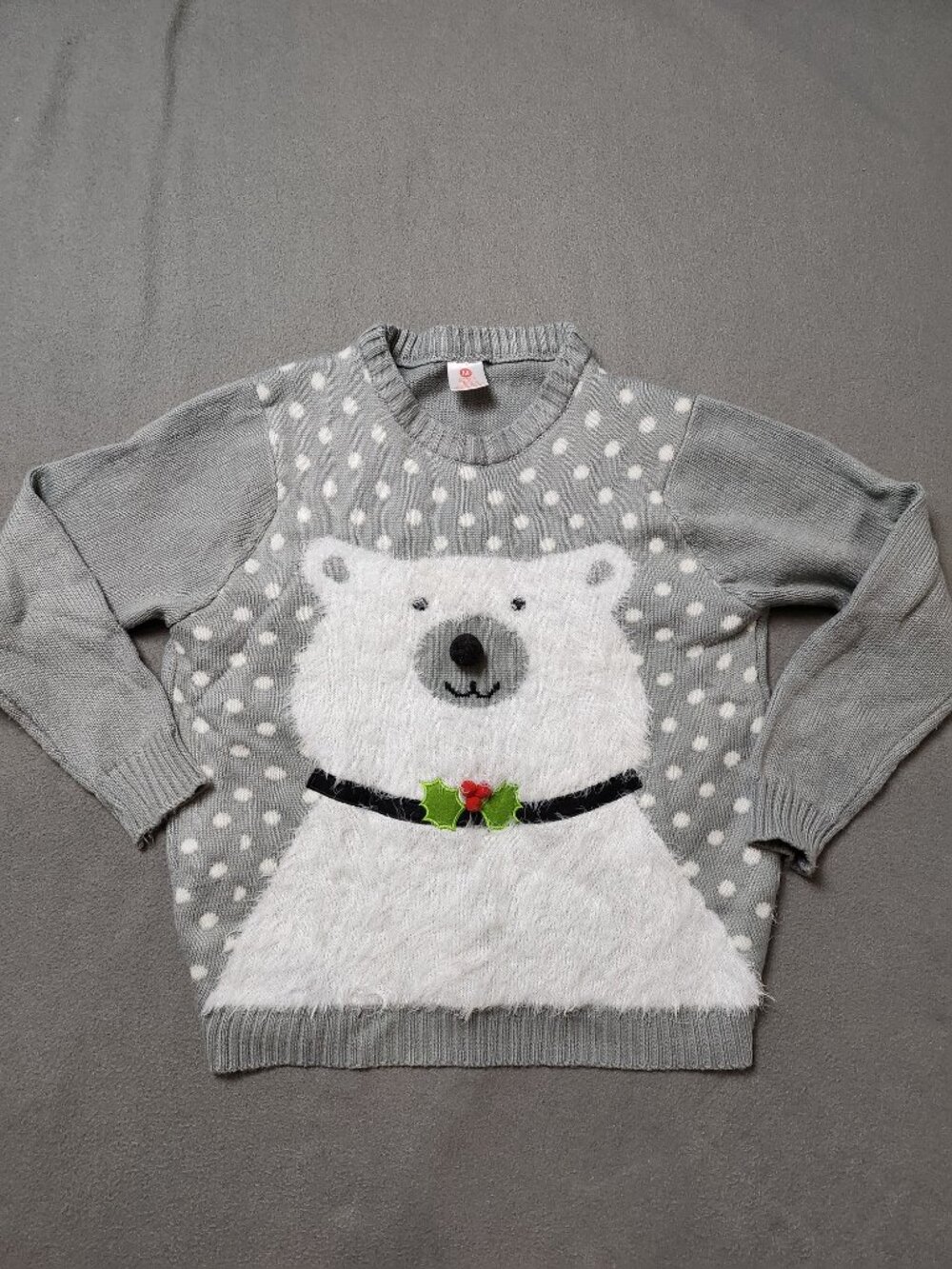 Ugly Christmas Sweater Polar Bear Fuzzy Grey Polka Dot Crewneck Size M